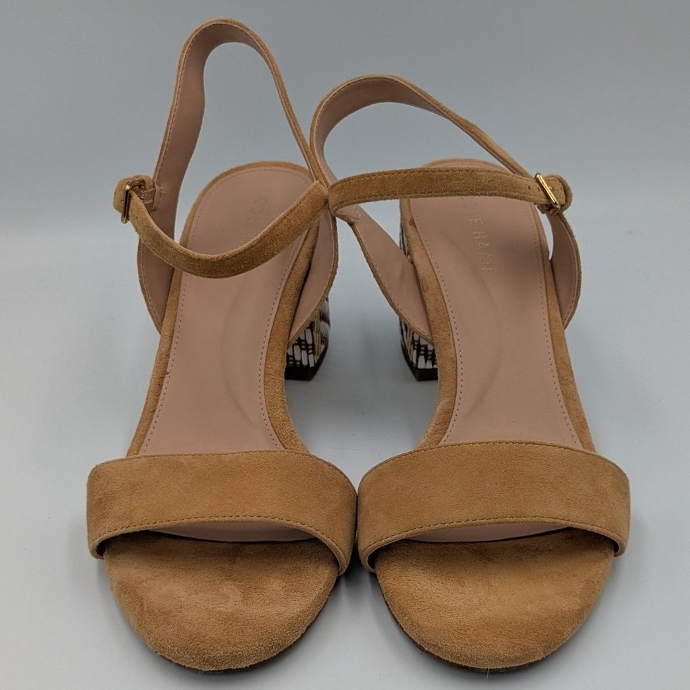 Cole Haan Grand 360 Tan Suede Woven Block Heel Ankle Strap Sandals 7B Resortwear - Picture 9 of 9
